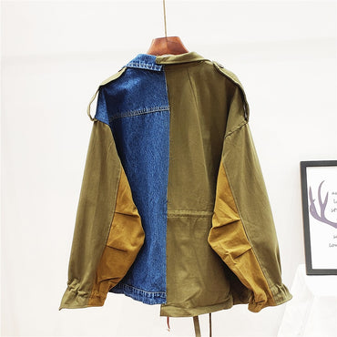 2020 Autumn New Fashion Wild Loose Stitching Blue Khaki Patchwork Denim Jacket Women