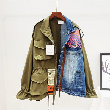 2020 Autumn New Fashion Wild Loose Stitching Blue Khaki Patchwork Denim Jacket Women
