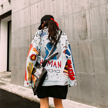 Fashion The New letter printing Loose  Hole Denim jacket