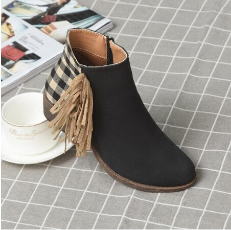 New Women Fringe Western Booties Female Casual Suede Low Heel Round Toe Boots Shoes