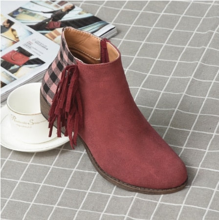 New Women Fringe Western Booties Female Casual Suede Low Heel Round Toe Boots Shoes