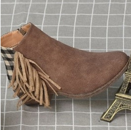 New Women Fringe Western Booties Female Casual Suede Low Heel Round Toe Boots Shoes