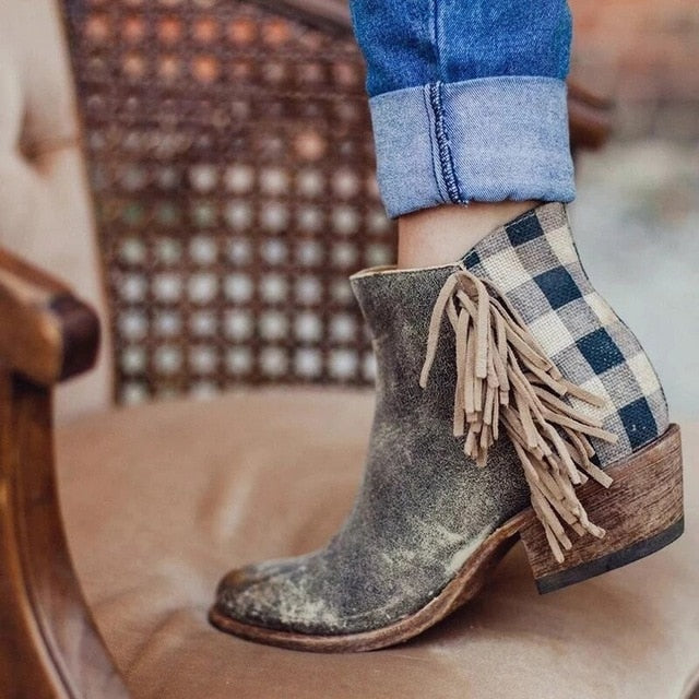 New Women Fringe Western Booties Female Casual Suede Low Heel Round Toe Boots Shoes