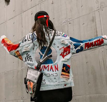 Fashion The New letter printing Loose  Hole Denim jacket