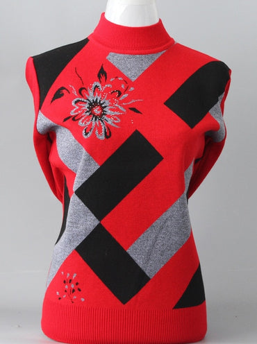 New Women Sweater And Pullover Mother Plaid Print Knitted Tops Bottoming Shirt Long Sleeve