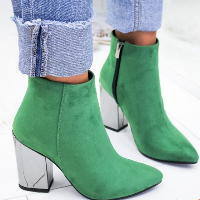 European Pointed Toe Girl Boots Flock Solid Woman Solid Boots