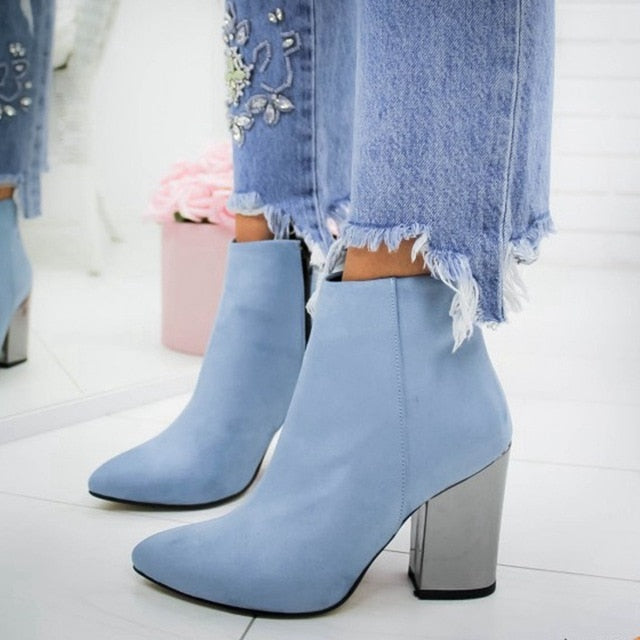 European Pointed Toe Girl Boots Flock Solid Woman Solid Boots