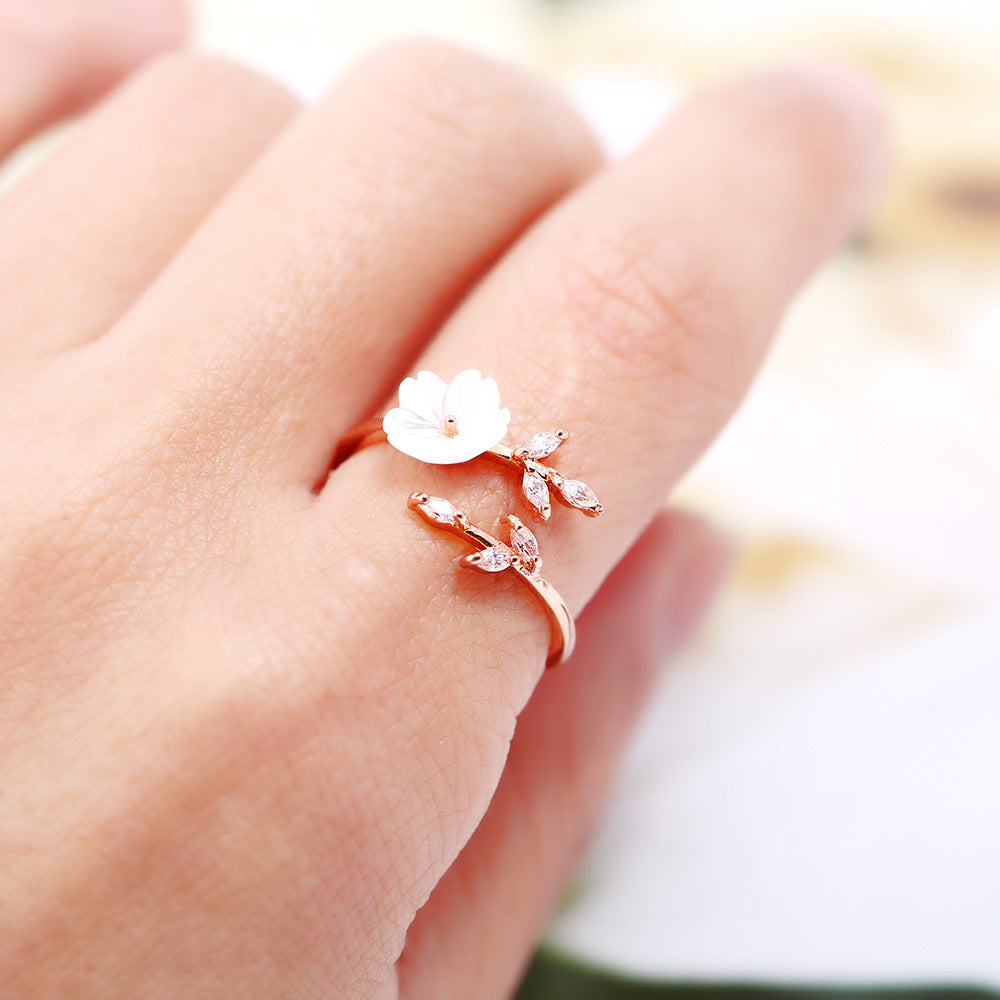 New Crystal Copper Flower branch leaf Adjustable Finger Wedding Rings for Women