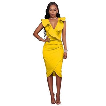 Best Selling New Solid Color Sexy V-neck Ruffled Sleeveless Woman Dress