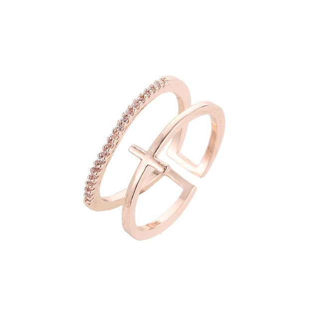 New Minimalist Rose Gold Cross Ring Simple Multi Layer