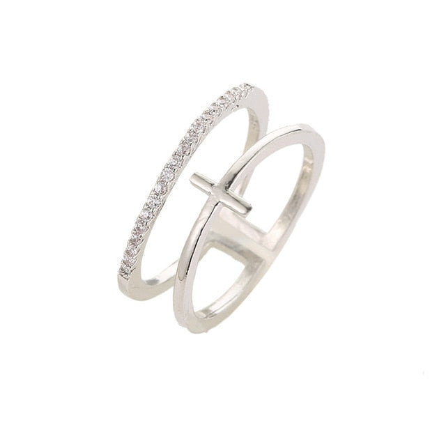 New Minimalist Rose Gold Cross Ring Simple Multi Layer
