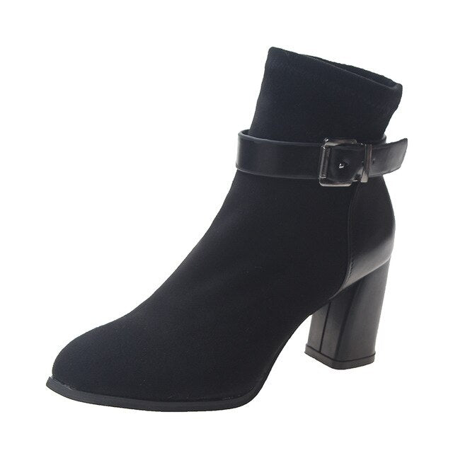 New Women Autumn Winter Ankle Boots Belt Buckle Pointed Toe High Heels