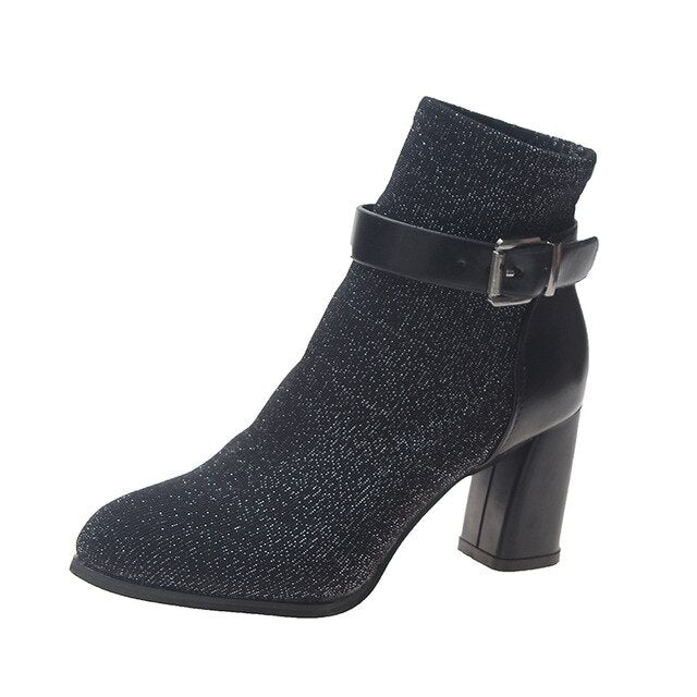 New Women Autumn Winter Ankle Boots Belt Buckle Pointed Toe High Heels