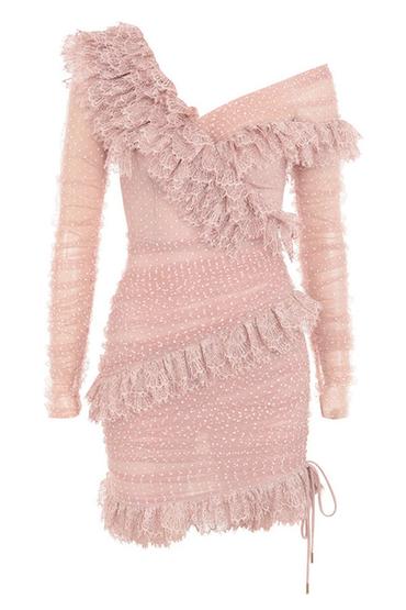 Women Dress Pinky Nude Sexy Tight One Shoulder Long Sleeve New Best Sell