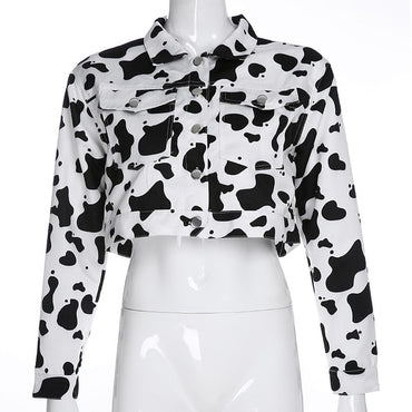 Streetwear Cow Print Cropped Female Jacket Casual Buttons Coat Women