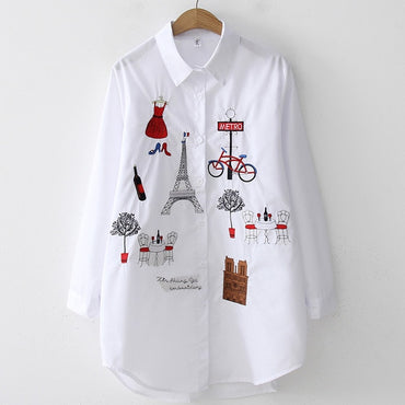 New White Women Blouse 19 Long Sleeve Cotton Embroidery