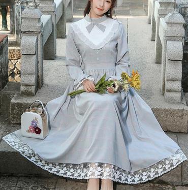 Best-selling New Arrival Stand Collar Plaid  Woman Long Cotton  Dress Grey