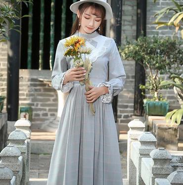 Best-selling New Arrival Stand Collar Plaid  Woman Long Cotton  Dress Grey