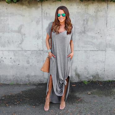 Best Sell Women Loose Summer Beach Gallus Short Sleeves Ankle-Length Long Dress