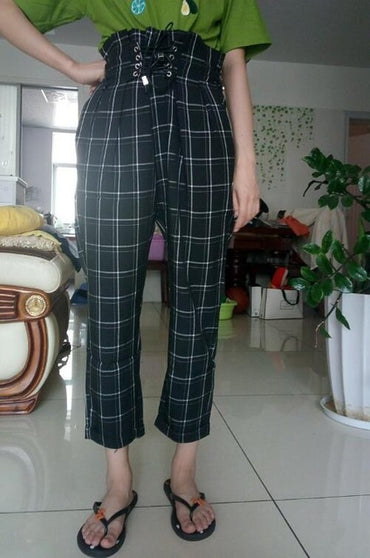 New spring summer casual lace up ankle-length pants women's plaid loose harem