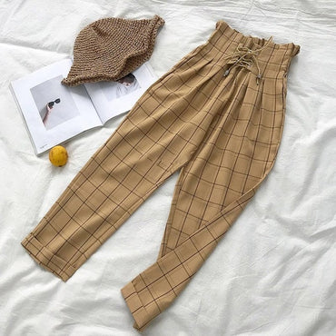 LLYGE Harajuku Checked Women's Trousers Plaid High Waist Wide Leg
