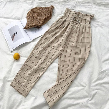 LLYGE Harajuku Checked Women's Trousers Plaid High Waist Wide Leg