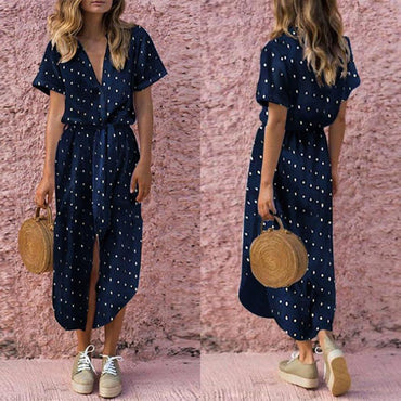 Sexy Casual Daily Bow Tie V Neck Dot Button Dress