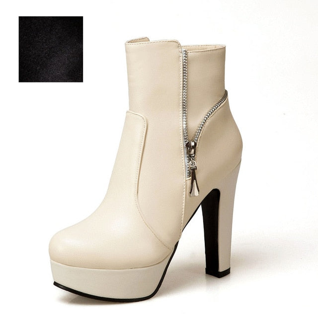 Thick High Heels Ankle Women Boots Round Toe Footwear Pu Lady