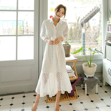Vintage Hollow-out Lace Single Breasted Bandage Elegant Dress