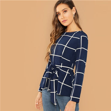 Navy Self Belted Grid Round Neck Long Sleeve Plaid Pullover Plain Blouse