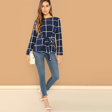 Navy Self Belted Grid Round Neck Long Sleeve Plaid Pullover Plain Blouse