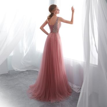 Beading Prom Dress V Neck High Split Tulle Sweep Train Sleeveless Evening Gown