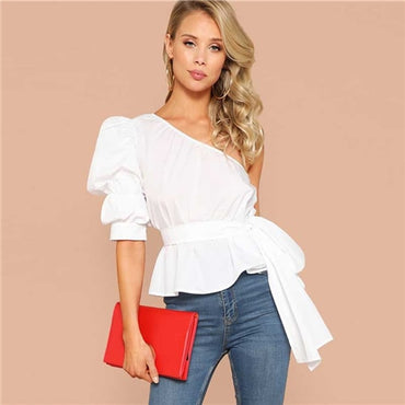 White One Shoulder Puff Sleeve Peplum Knot Belted Ruffle Elegant Party Blouse