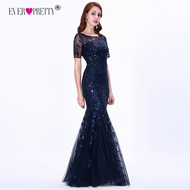 Women Prom Dress Short Sleeve Lace Appliques Tulle Mermaid Long Dress Party Gowns