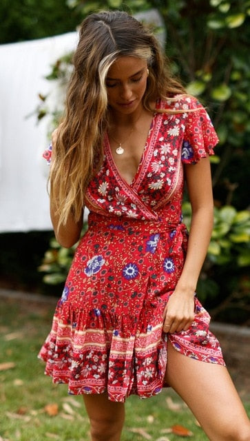 Floral Print Split Stylish Style Sleeveless V-Neck Spaghetti Strap Dress