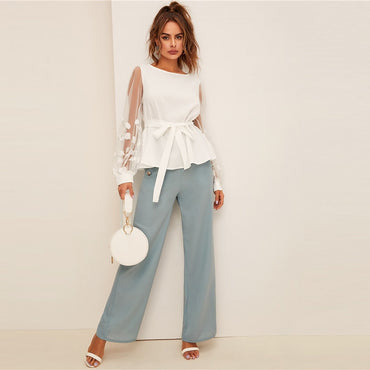 Embroidery Mesh Lantern Sleeve Belted White Blouse