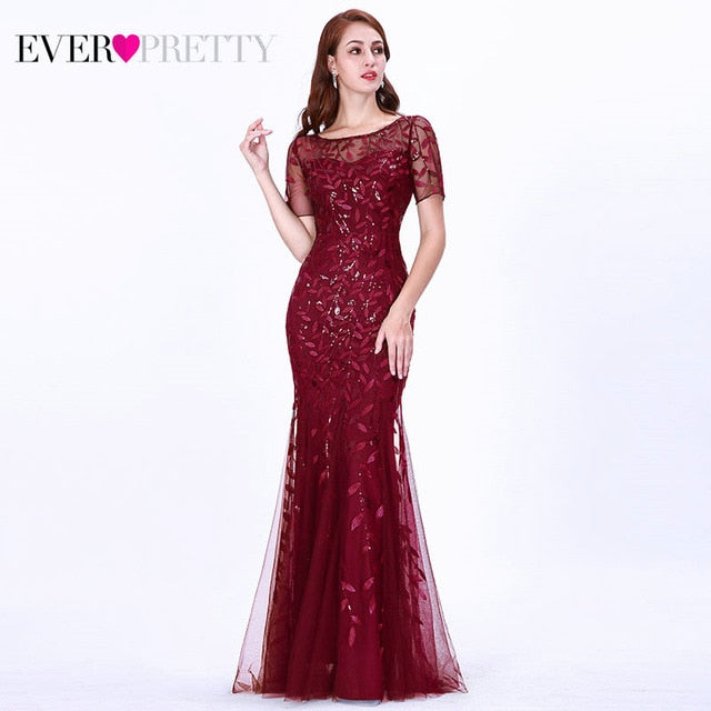 Women Prom Dress Short Sleeve Lace Appliques Tulle Mermaid Long Dress Party Gowns