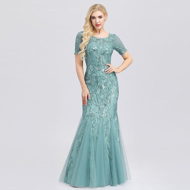 Women Prom Dress Short Sleeve Lace Appliques Tulle Mermaid Long Dress Party Gowns