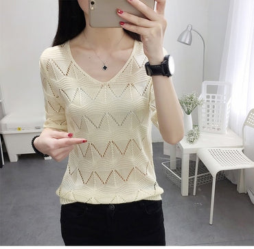 Hook Flower Hollow V neck Women Knitted Sweater Ice silk