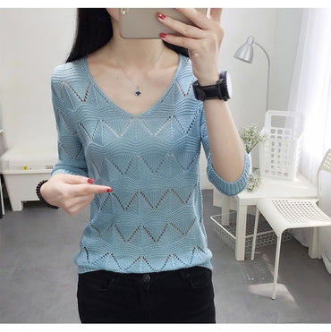 Hook Flower Hollow V neck Women Knitted Sweater Ice silk