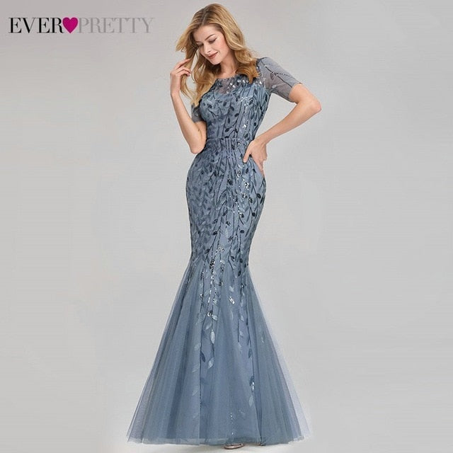Women Prom Dress Short Sleeve Lace Appliques Tulle Mermaid Long Dress Party Gowns